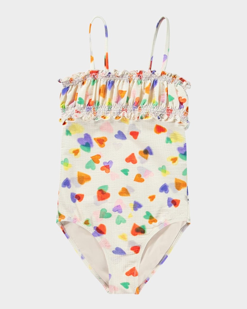 Girl's Nella Heart-Print On-Piece Swimsuit, Size 3-